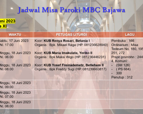 Jadwal Misa 18 Juni 2023--Minggu Biasa XI